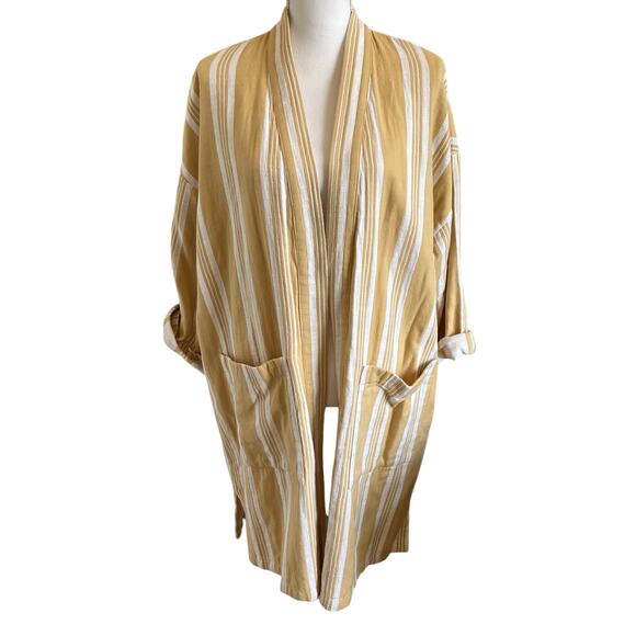 Eileen Fisher Kimono Jacket L/XL Reed Yellow Stripe Organic Cotton Lagenlook - Picture 1 of 10